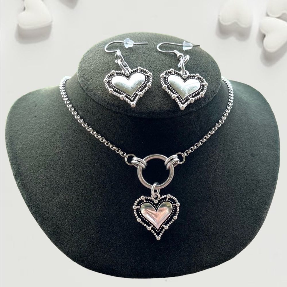 SET ! Heart necklace & matching earrings handmade boho st valentine love xmas